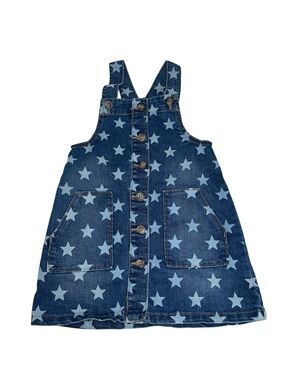 Toddler Girls 4T Denim Overall Dress Star Print Button Front Pinafore Jumper